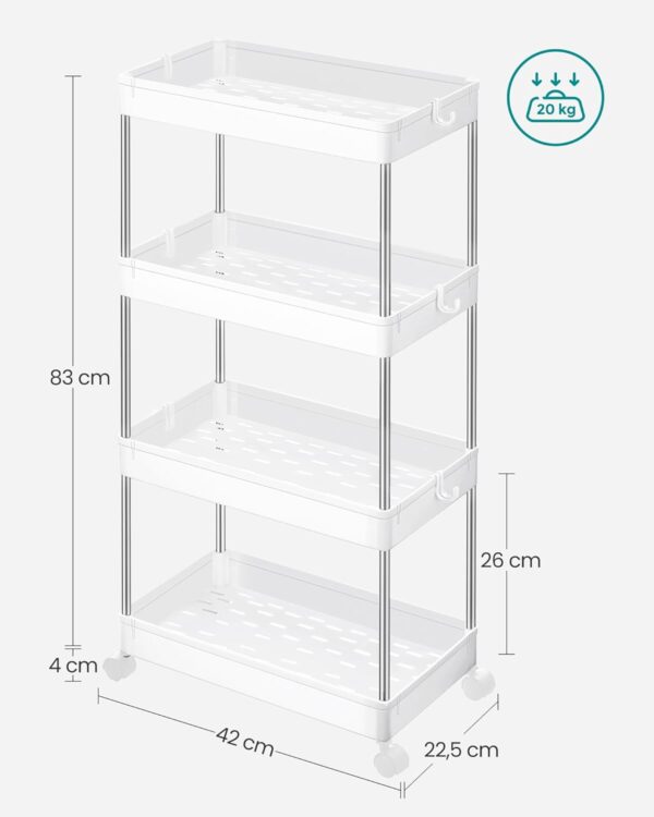 SONGMICS Carucior de depozitare mobil cu roti, pe 4 niveluri, 40x22x86 cm, alb - imagine 5