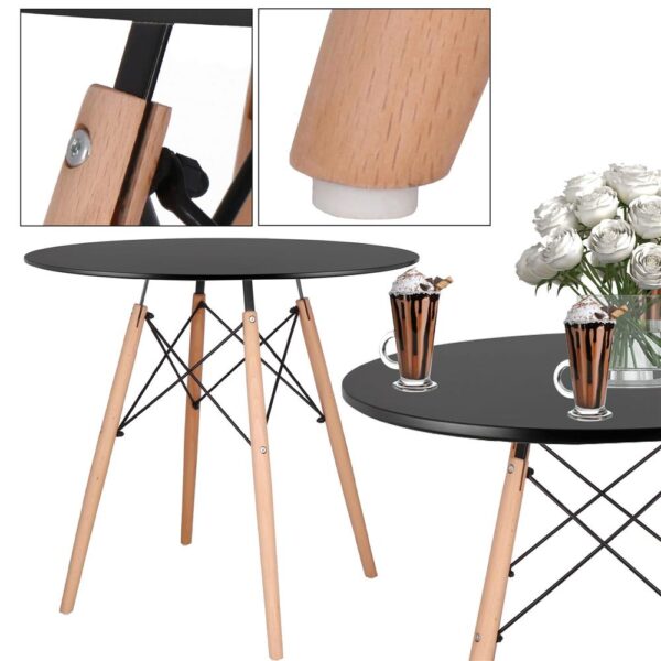 Masa dining bucatarie, rotunda, diametru 80 cm, inaltime 75 cm, Blat MDF, Picioare lemn, Negru - imagine 7