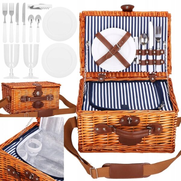 Cos de picnic echipat pentru 2 persoane Deluxe, din rachita, cu vesela si tacamuri, frigorific - imagine 6