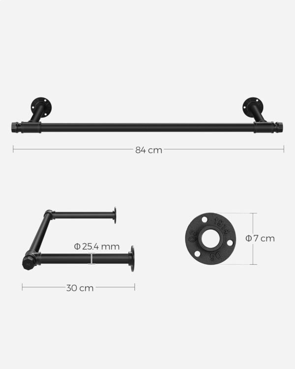 SONGMICS Set 2 sine metalice de agatat haine, montare pe perete, aspect industrial, 84x30x7cm, negru - imagine 4