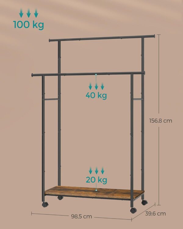 SONGMICS Suport pentru haine dublu cu 2 sine de agatat si polita inferioara, pe roti, 40x99x157 cm, negru - imagine 5