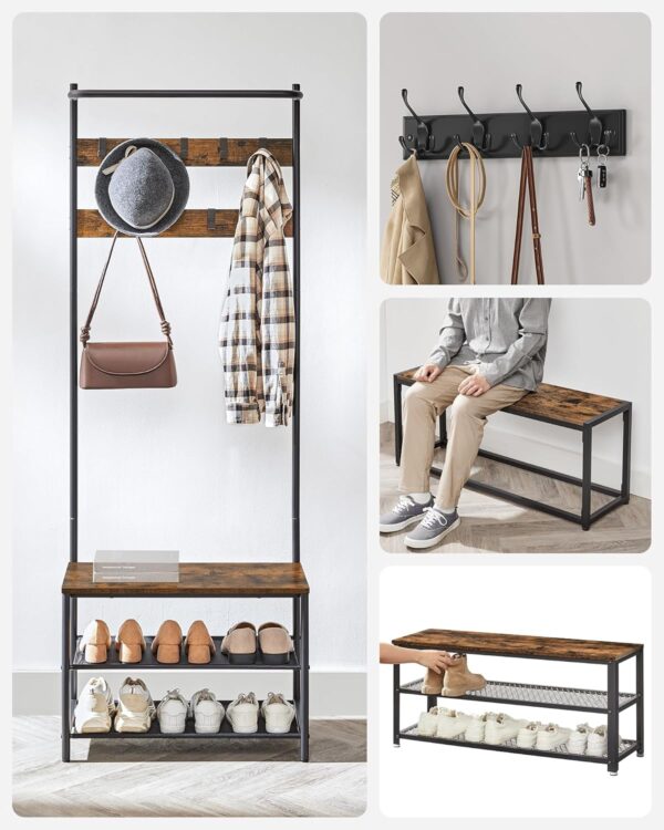VASAGLE Cuier cu rafturi depozitare pantofi si ​​bara suspendata, industrial, 32x64x180 cm, maro rustic si negru - imagine 6