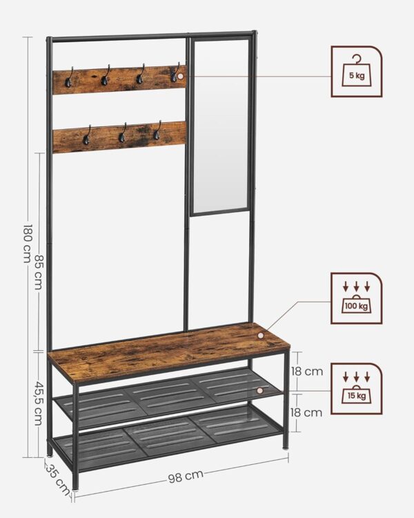 VASAGLE Cuier cu rafturi depozitare pantofi si ​​oglinda, industrial, 35x98x180 cm, maro rustic si negru - imagine 6
