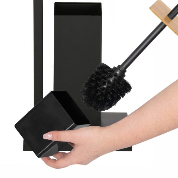 Stand cu perie WC si suport hartie igienica, metal si bambus, 79cm, negru - imagine 7