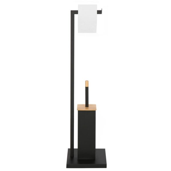 Stand cu perie WC si suport hartie igienica, metal si bambus, 79cm, negru - imagine 8
