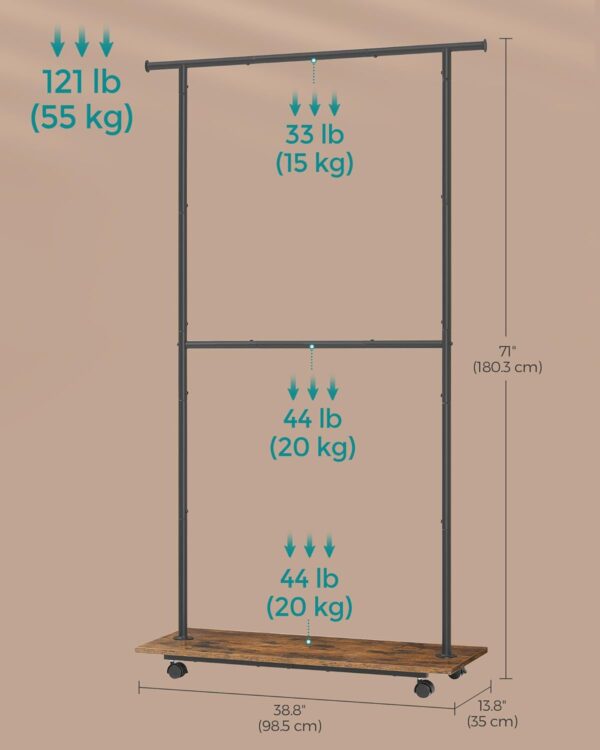 SONGMICS Suport pentru haine cu 2 sine de agatat si polita inferioara, pe roti, 35x99x180 cm, negru - imagine 8