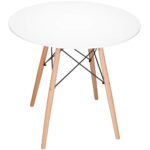 Masa dining bucatarie, rotunda, diametru 80 cm, inaltime 75 cm, Blat MDF, Picioare lemn, Alb