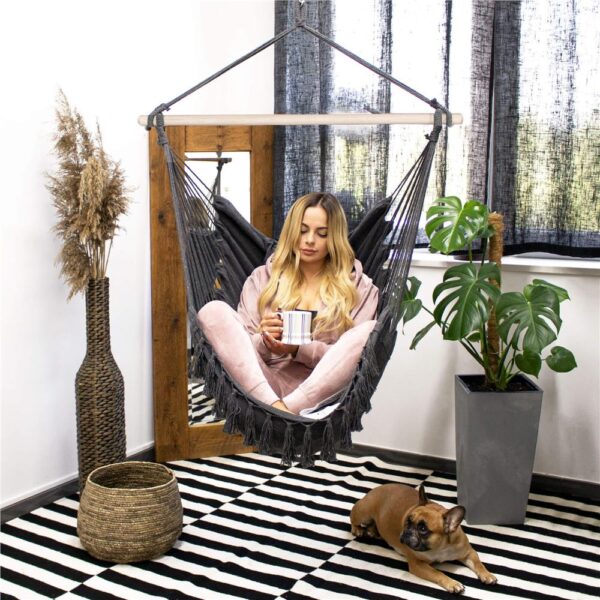 Hamac tip leagan suspendat pentru casa sau gradina, cu perne, 130x100cm, 150kg, gri inchis - imagine 8
