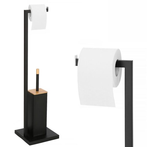 Stand cu perie WC si suport hartie igienica, metal si bambus, 79cm, negru - imagine 9