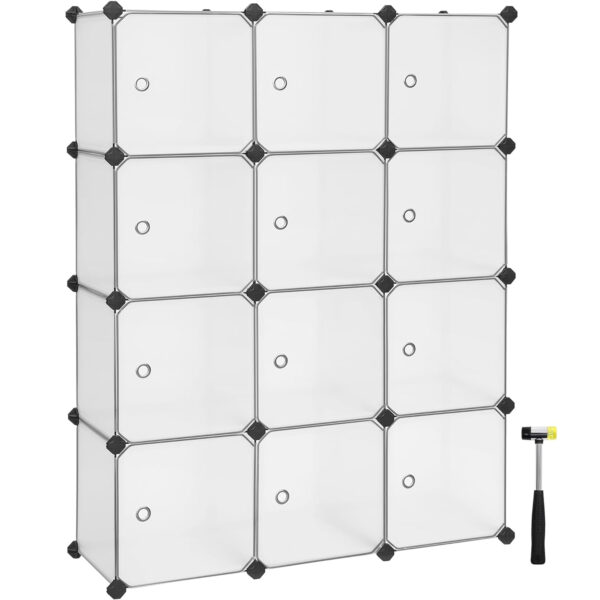 SONGMICS Unitate de depozitare cu 12 cuburi, pentru pantofi sau haine, personalizabil, 31x93x123 cm, alb transparent