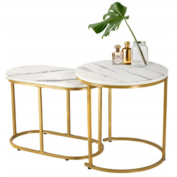 Set 2 mese pentru cafea, cadru otel, blat MDF model marmura, 50x50x50 cm si 60x32x44 cm, alb si auriu - imagine 2
