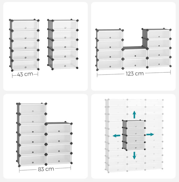 SONGMICS Dulap de depozitare pantofi modular, configurabil cu 10 compartimente, 43x31x173 cm, gri - imagine 4