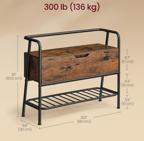 VASAGLE Pantofar cu banca de depozitare, raft si sertar, stil industrial, 30x80x64 cm, maro rustic - imagine 5
