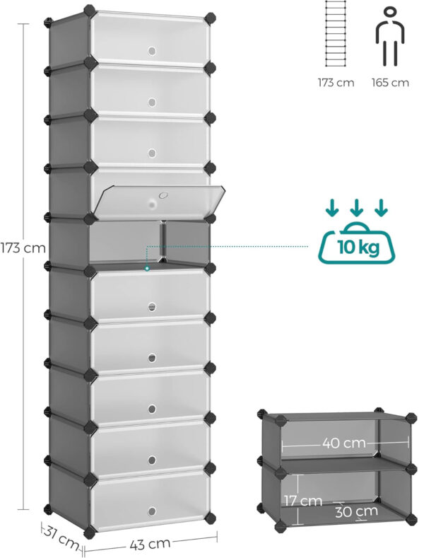 SONGMICS Dulap de depozitare pantofi modular, configurabil cu 10 compartimente, 43x31x173 cm, gri - imagine 7