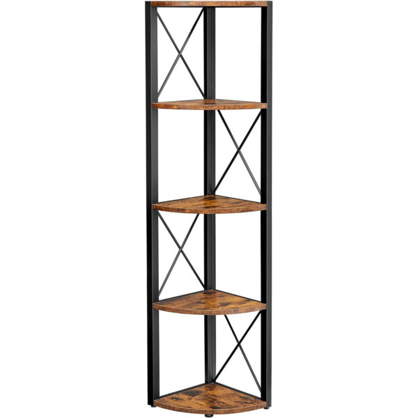 VASAGLE Biblioteca de colt cu 5 etaje, cadru metalic, stil industrial, 30x30x160 cm, maro rustic