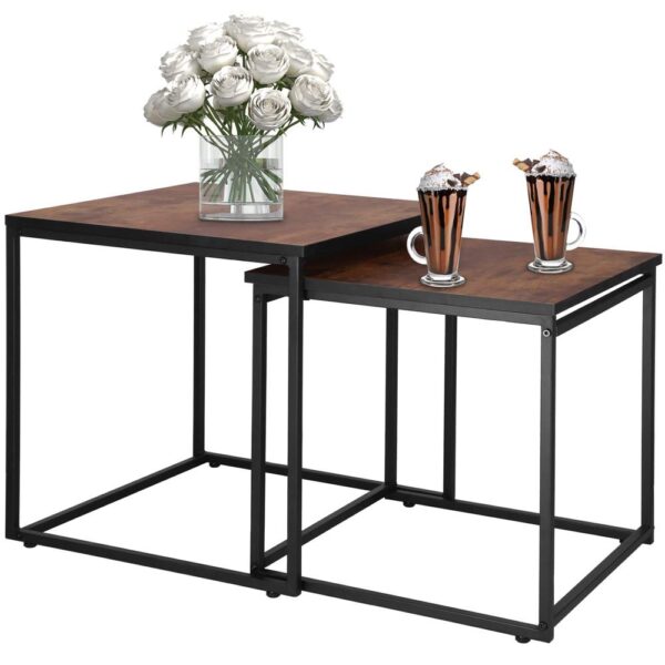 Set 2 mese pentru cafea, cadru otel, stil industrial, 50x50x52 cm si 45x45x47 cm, maro - imagine 2