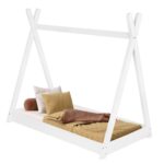 Pat din lemn pentru copii, model TeePee, somiera inclusa, 61x146x130 cm, alb