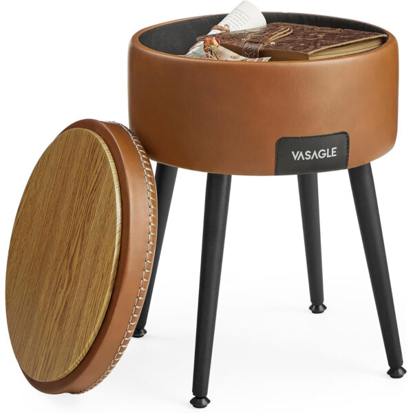 VASAGLE Taburet cu spatiu de depozitare, tapitat PU, cu 2 fete, diametru 32 cm, maro