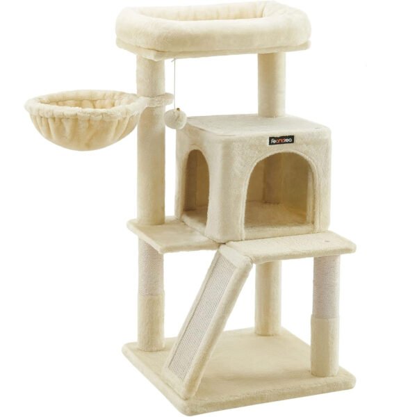 FEANDREA Ansamblu de joaca pisici, tip copac, 2 culcusuri, ascunzatoare, 48x48x96 cm, bej