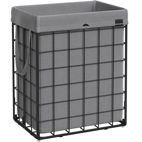 SONGMICS Cos de rufe pliabil cu cadru metalic, sac detasabil si lavabil, 90L, 48x33x58cm, negru si gri