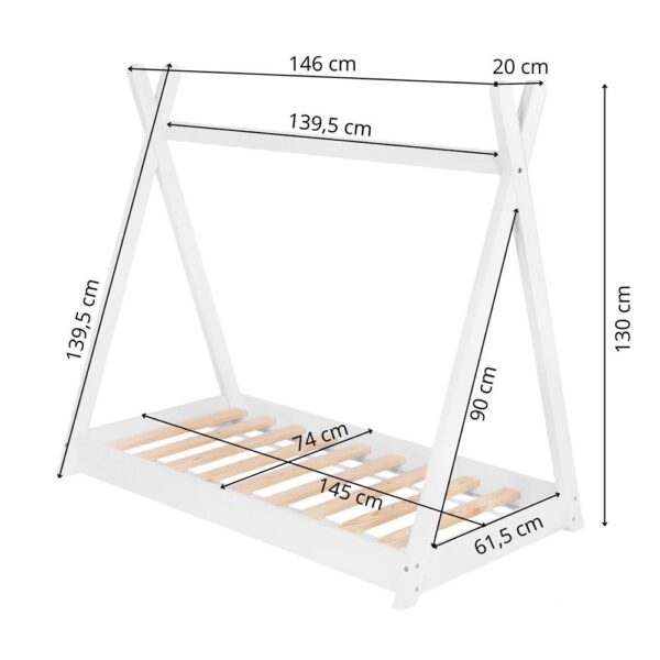 Pat din lemn pentru copii, model TeePee, somiera inclusa, 61x146x130 cm, alb - imagine 2