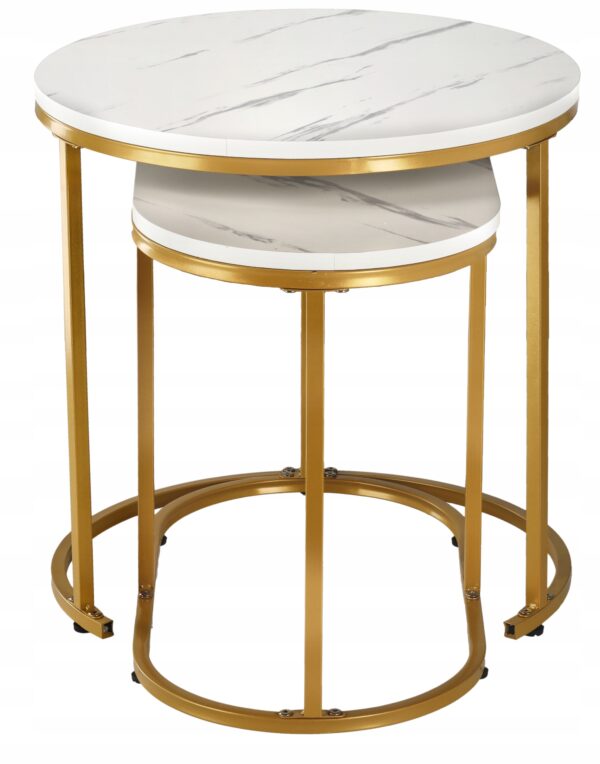 Set 2 mese pentru cafea, cadru otel, blat MDF model marmura, 50x50x50 cm si 60x32x44 cm, alb si auriu - imagine 4