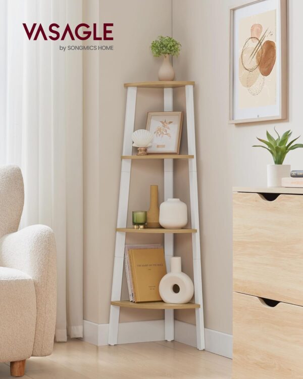 VASAGLE Raft de colt cu 4 etaje, tip biblioteca, cadru metal si polite lemn, 34x34x125 cm, alb si maro - imagine 2