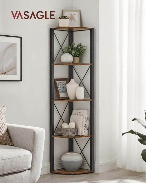 VASAGLE Biblioteca de colt cu 5 etaje, cadru metalic, stil industrial, 30x30x160 cm, maro rustic - imagine 2