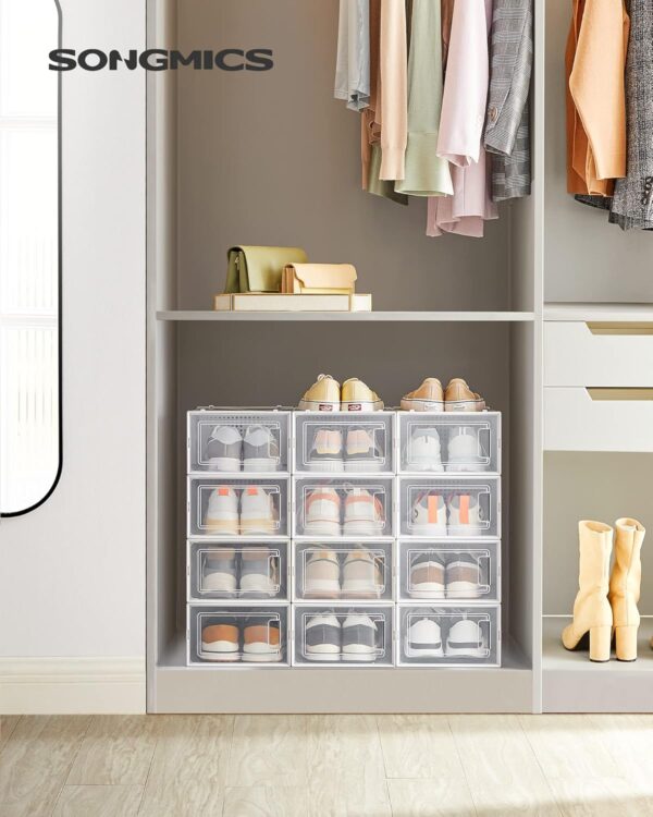 SONGMICS Cutii de pantofi, set de 12 organizatoare stivuibile, structura rezistenta ABS, 34x23x14 cm, transparent - imagine 2