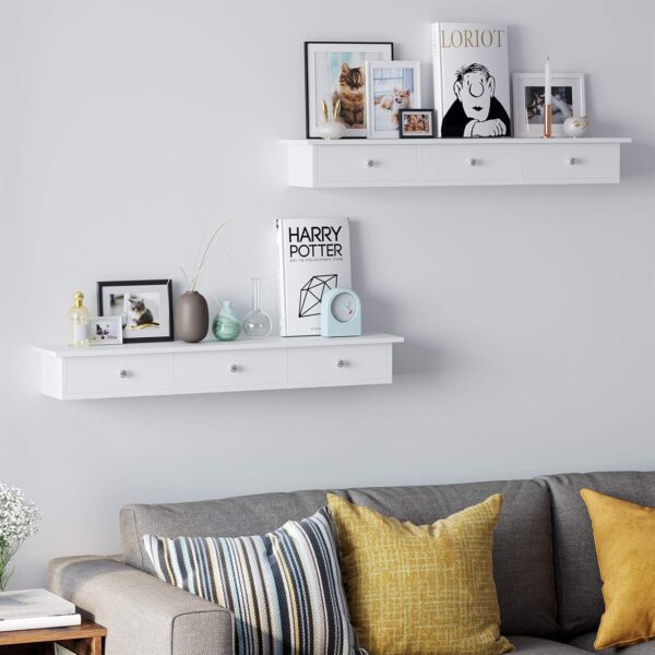 SONGMICS Raft de perete plutitor cu 3 sertare, din MDF lucios, 80x15x10 cm, alb - imagine 2