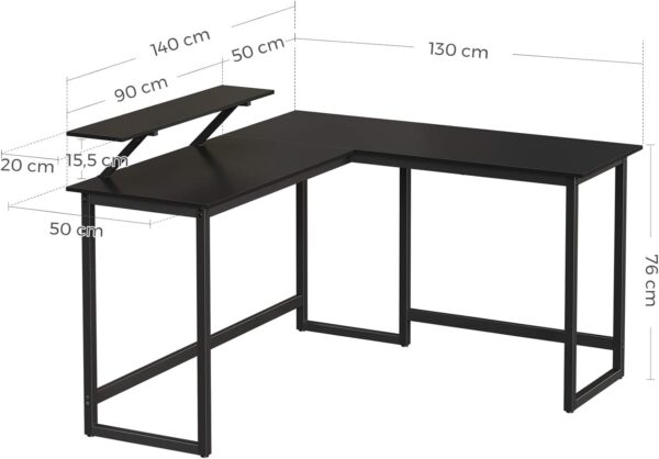VASAGLE Birou in forma de L cu suport pentru monitor, cadru metalic, 140x130x76cm, negru - imagine 2