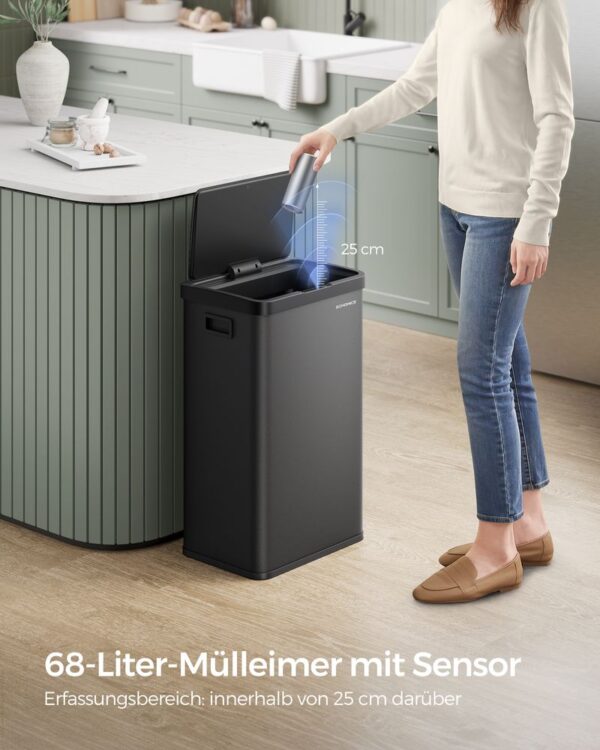 SONGMICS Cos de gunoi din inox, cu senzor si soft-close, 68 litri, 41x30x67 cm, negru - imagine 2