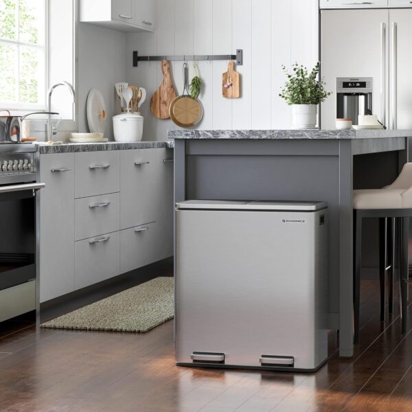 SONGMICS Cos de gunoi din inox cu 2 compartimente colectare selectiva, cu galeti interioare, 2x30litri, argintiu - imagine 2
