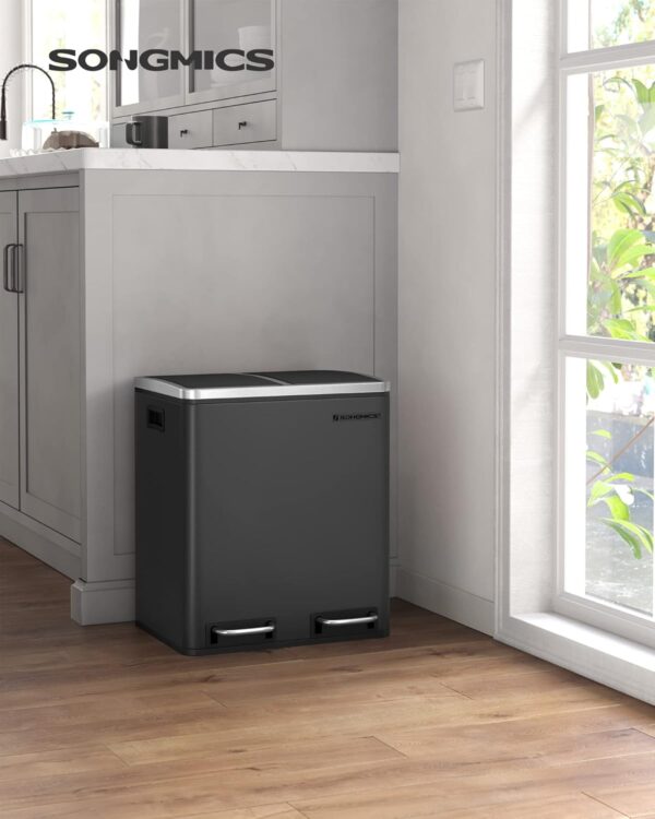 SONGMICS Cos de gunoi din inox cu 2 compartimente colectare selectiva, cu galeti interioare, 2x15litri, negru - imagine 2