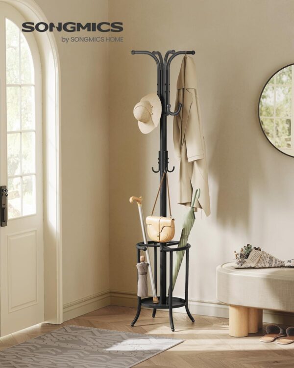 SONGMICS Cuier pentru haine, cu suport de umbrele, 12 agatatori, 175 cm, negru - imagine 2