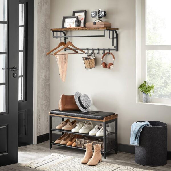 VASAGLE Cuier de perete cu raft de depozitare, 5 carlige, 30x80x27 cm, maro rustic - imagine 2