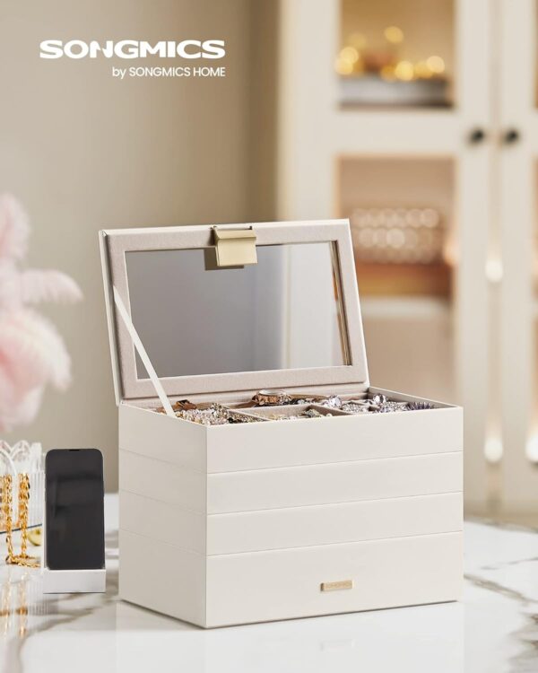 SONGMICS Cutie de bijuterii cu 4 nivele detasabile, MDF si PU, capac sticla, 17x28x18 cm, alb - imagine 8