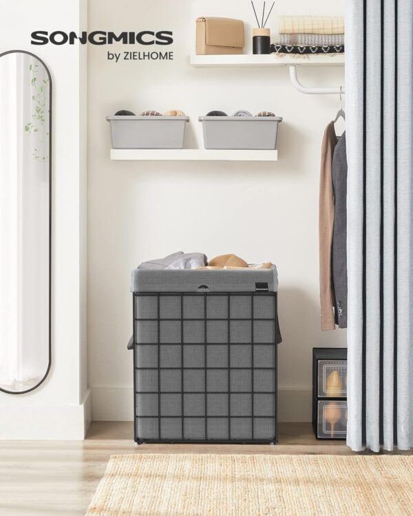 SONGMICS Cos de rufe pliabil cu cadru metalic, sac detasabil si lavabil, 90L, 48x33x58cm, negru si gri - imagine 2