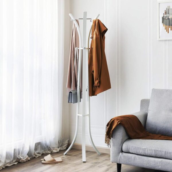 SONGMICS Cuier metalic 176x50x50 cm, cu 9 carlige, otel vopsit si plastic ABS, alb - imagine 2