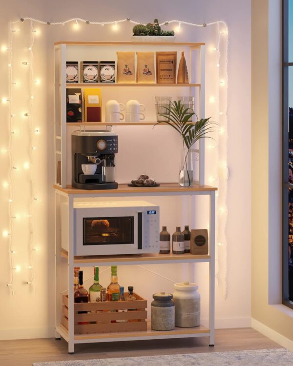 VASAGLE Raft de bucatarie cu spatiu pentru cuptorul cu microunde, 6 rafturi, otel, industrial, 40x80x167cm, maro stejar si alb - imagine 3