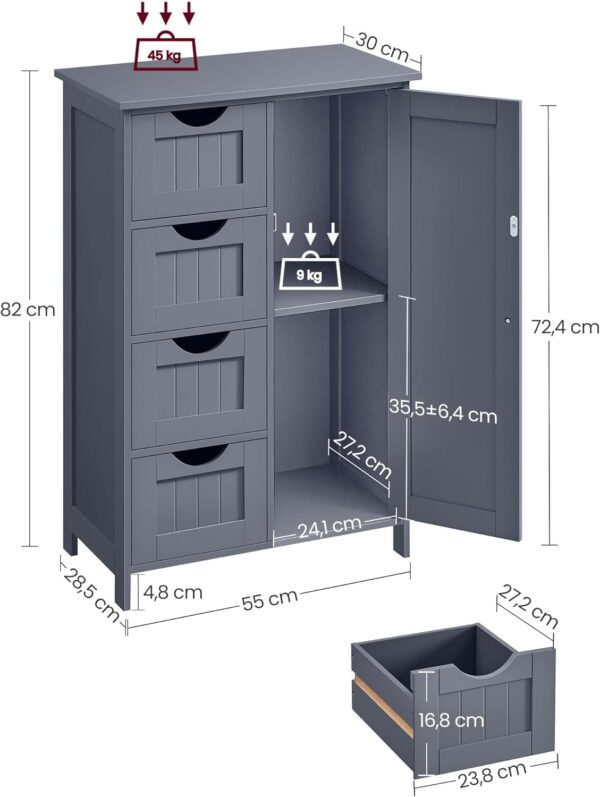 VASAGLE Dulap de baie, din MDF, cu 4 sertare, raft reglabil, 30x55x82 cm, gri - imagine 3