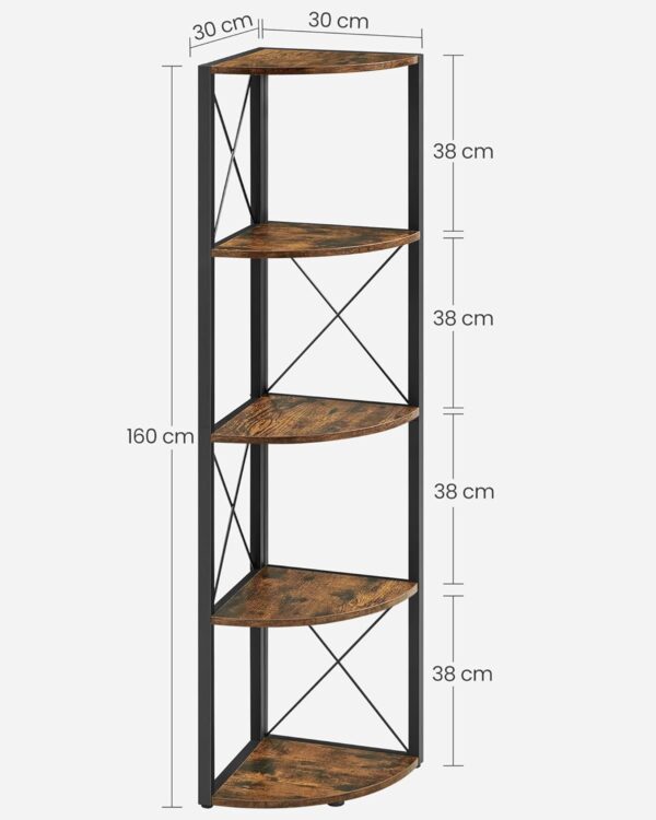VASAGLE Biblioteca de colt cu 5 etaje, cadru metalic, stil industrial, 30x30x160 cm, maro rustic - imagine 3