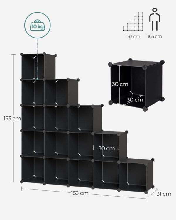 SONGMICS Unitate de depozitare cu 16 cuburi, pentru pantofi sau haine, personalizabil, 31x123x123 cm, negru - imagine 3