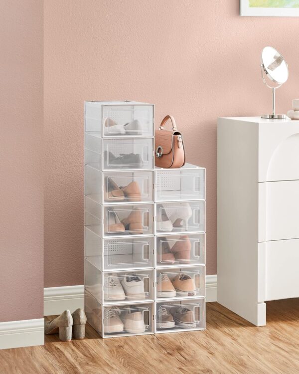 SONGMICS Cutii de pantofi, set de 12 organizatoare stivuibile, structura rezistenta ABS, 34x23x14 cm, transparent - imagine 3