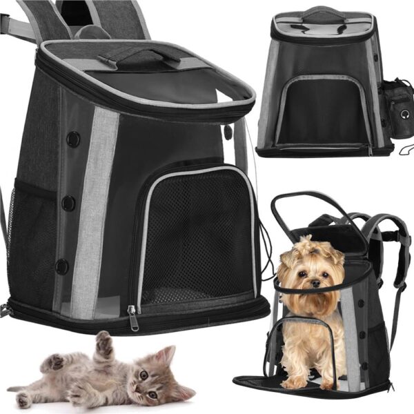 Rucsac transport animale talie mica-medie, maxim 15 kg, buzunare laterale, 38x34x26 cm, negru - imagine 3