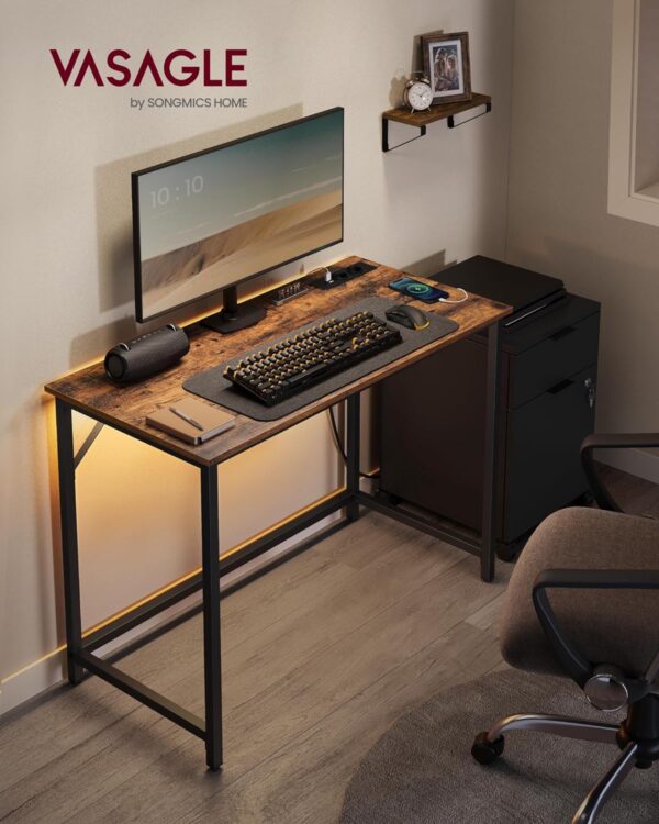 VASAGLE Birou cu iluminare LED, priza incorporata, 2 USB, 50x100x76 cm, maro rustic - imagine 2
