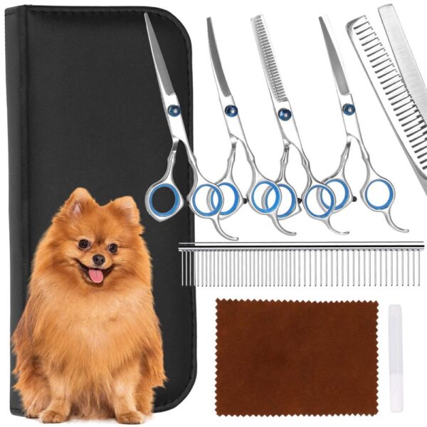 Set de ingrijire pentru animale de companie, cu 4 foarfece pentru tuns si accesorii - imagine 4