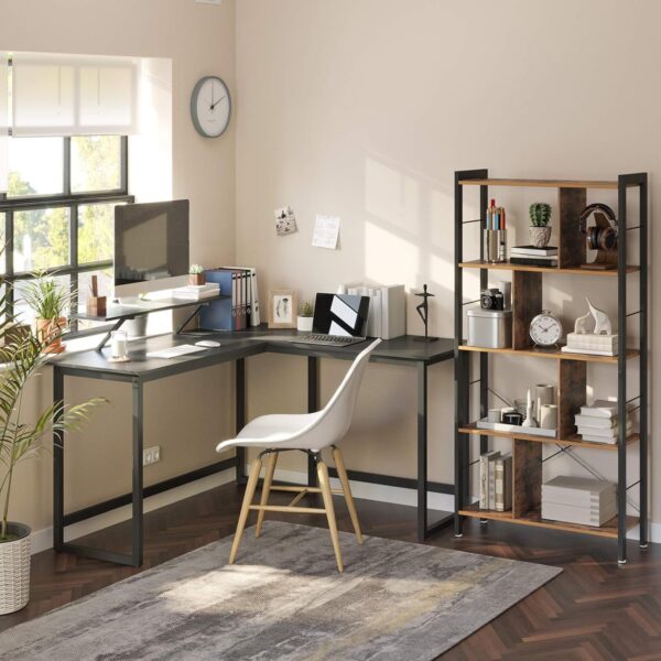 VASAGLE Birou in forma de L cu suport pentru monitor, cadru metalic, 140x130x76cm, negru - imagine 3