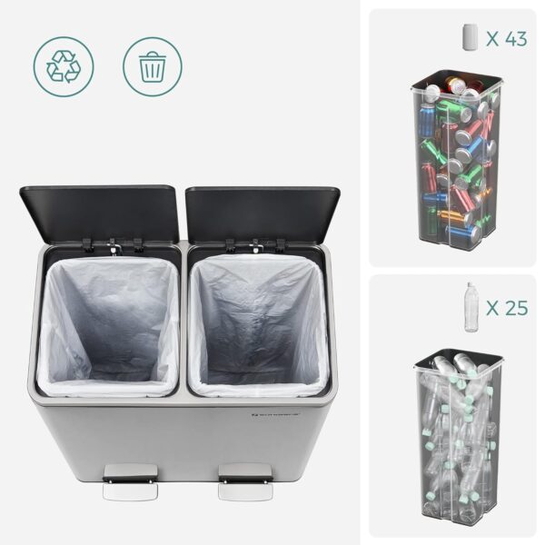 SONGMICS Cos de gunoi din inox cu 2 compartimente colectare selectiva, cu galeti interioare, 2x30litri, argintiu - imagine 3