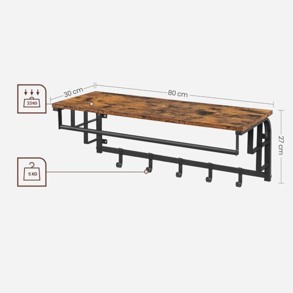 VASAGLE Cuier de perete cu raft de depozitare, 5 carlige, 30x80x27 cm, maro rustic - imagine 3